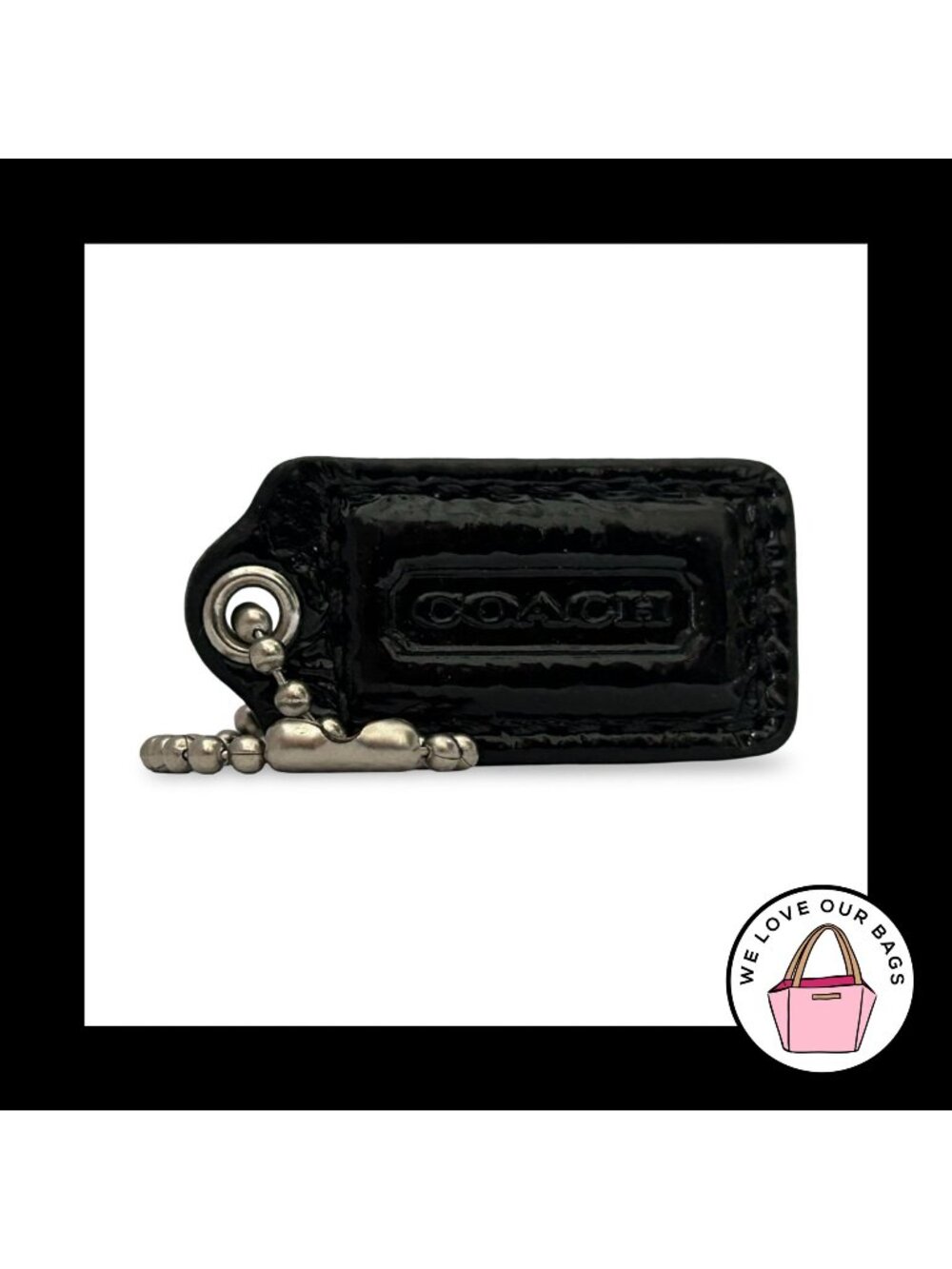 COACH HANG TAG 1.5" Black Patent Leather Nickel Bag Charm Keychain Fob Small